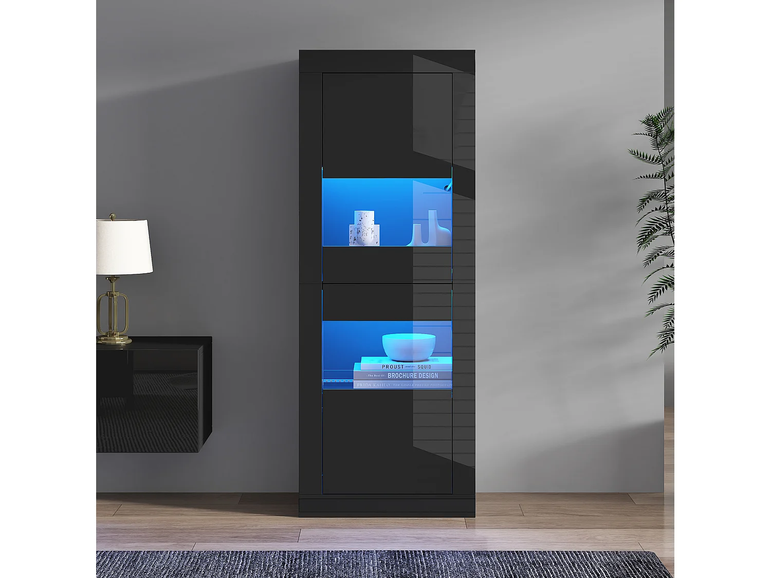 Hochglanzlack-Vitrine 61x42x162 cm - mit LED-Beleuchtung - 2 Türen - Höhenverstellbare Glasböden - Schwarz