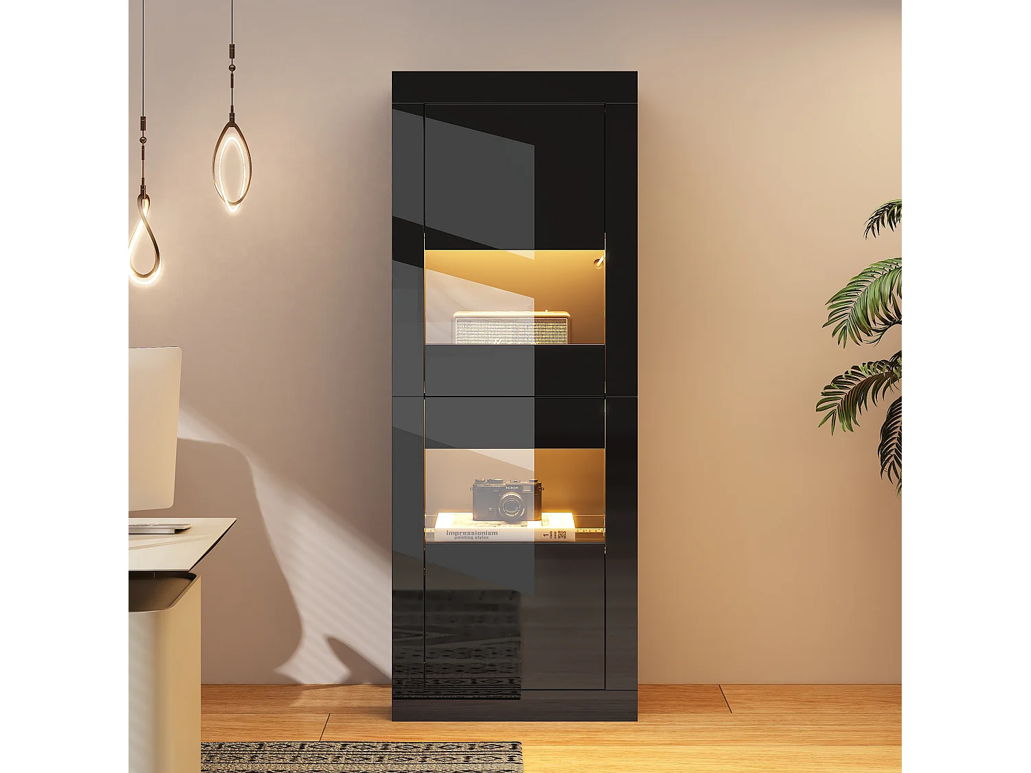 Hochglanzlack-Vitrine 61x42x162 cm - mit LED-Beleuchtung - 2 Türen - Höhenverstellbare Glasböden - Schwarz