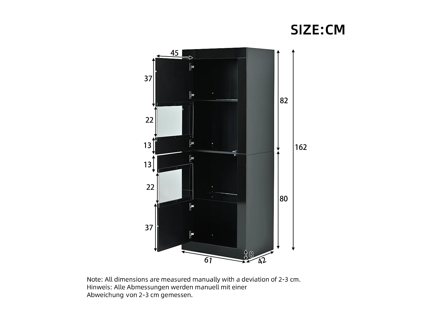 Hochglanzlack-Vitrine 61x42x162 cm - mit LED-Beleuchtung - 2 Türen - Höhenverstellbare Glasböden - Schwarz