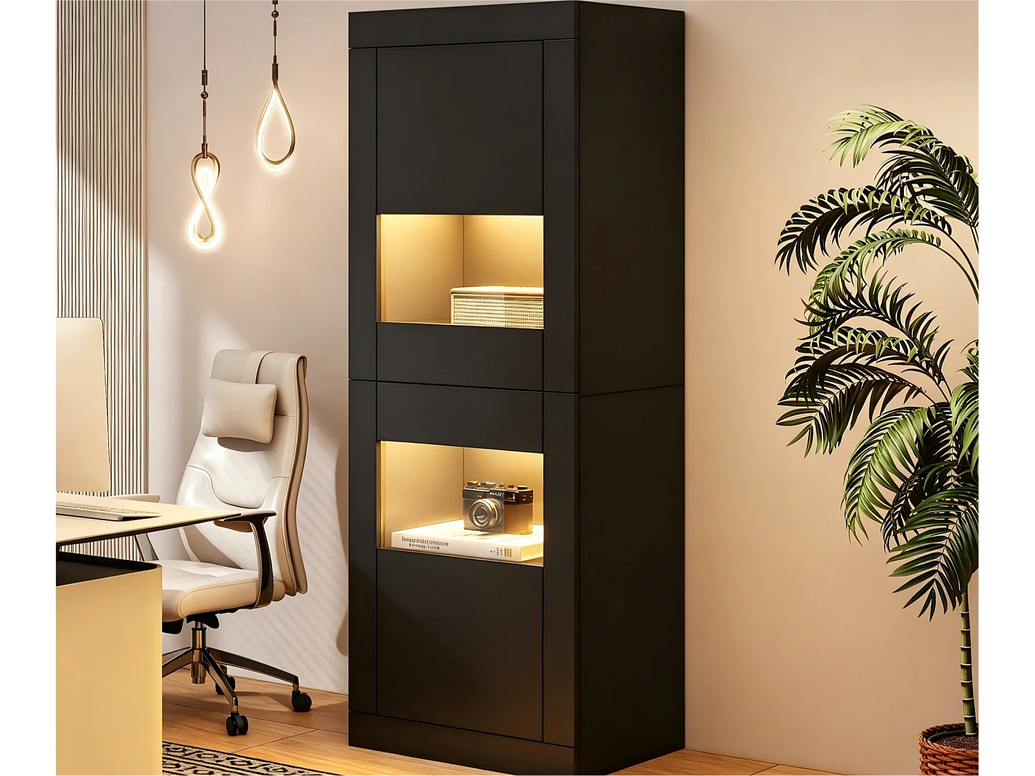 Vitrine laquée brillante 61x42x162 cm - avec éclairage LED - 2 portes - Étagères en verre réglables - Noir
