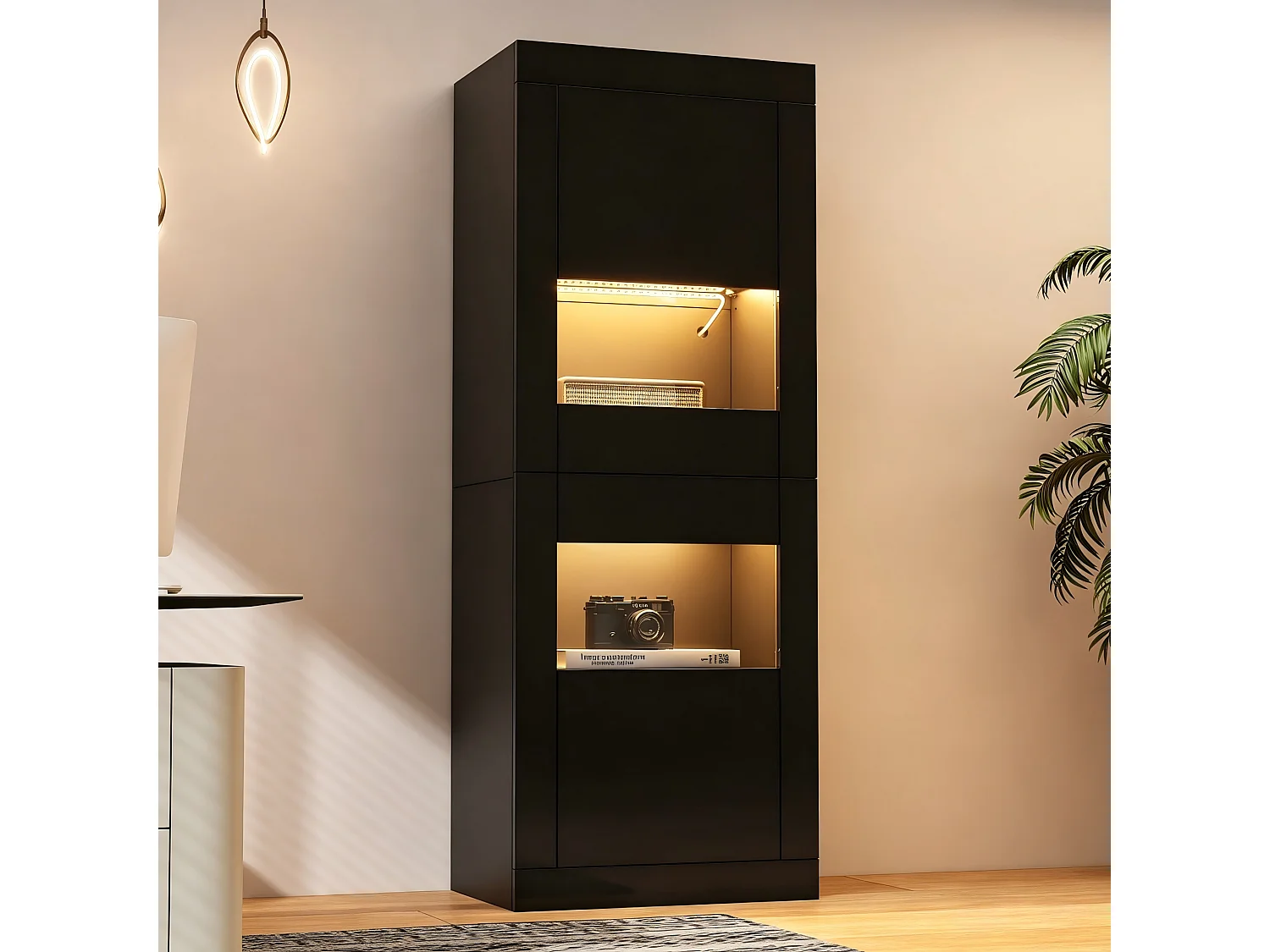 Vitrine laquée brillante 61x42x162 cm - avec éclairage LED - 2 portes - Étagères en verre réglables - Noir