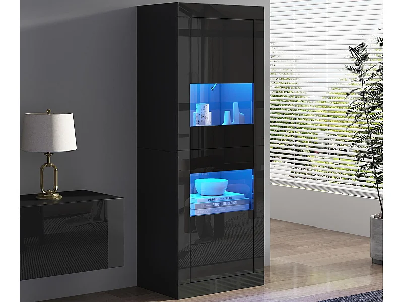 Hochglanzlack-Vitrine 61x42x162 cm - mit LED-Beleuchtung - 2 Türen - Höhenverstellbare Glasböden - Schwarz
