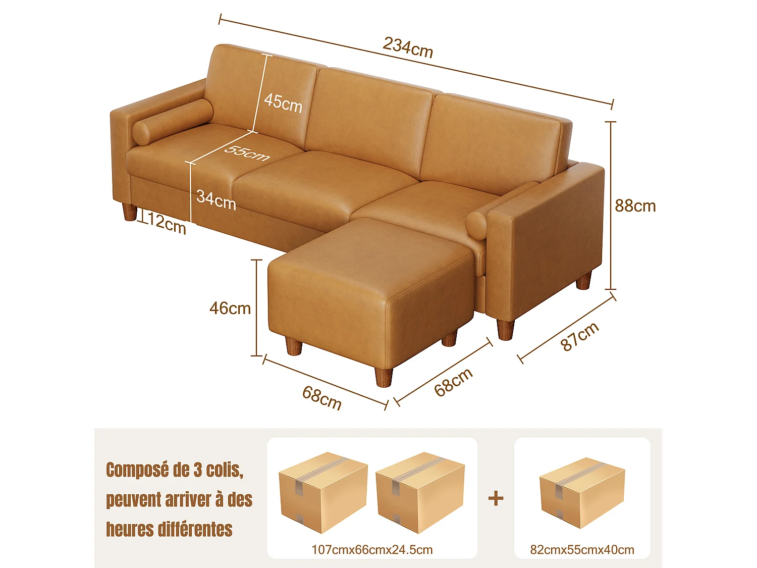 Canapé 3 places en simili, avec pouf et 2 oreillers rond, cadre en bois, 234x155x88cm, Orange