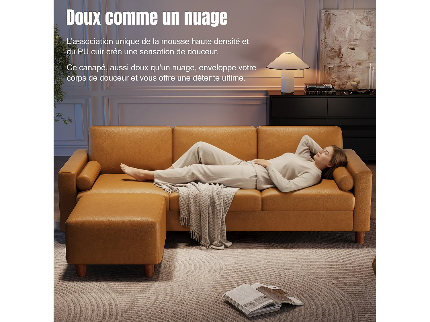 Canapé 3 places en simili, avec pouf et 2 oreillers rond, cadre en bois, 234x155x88cm, Orange