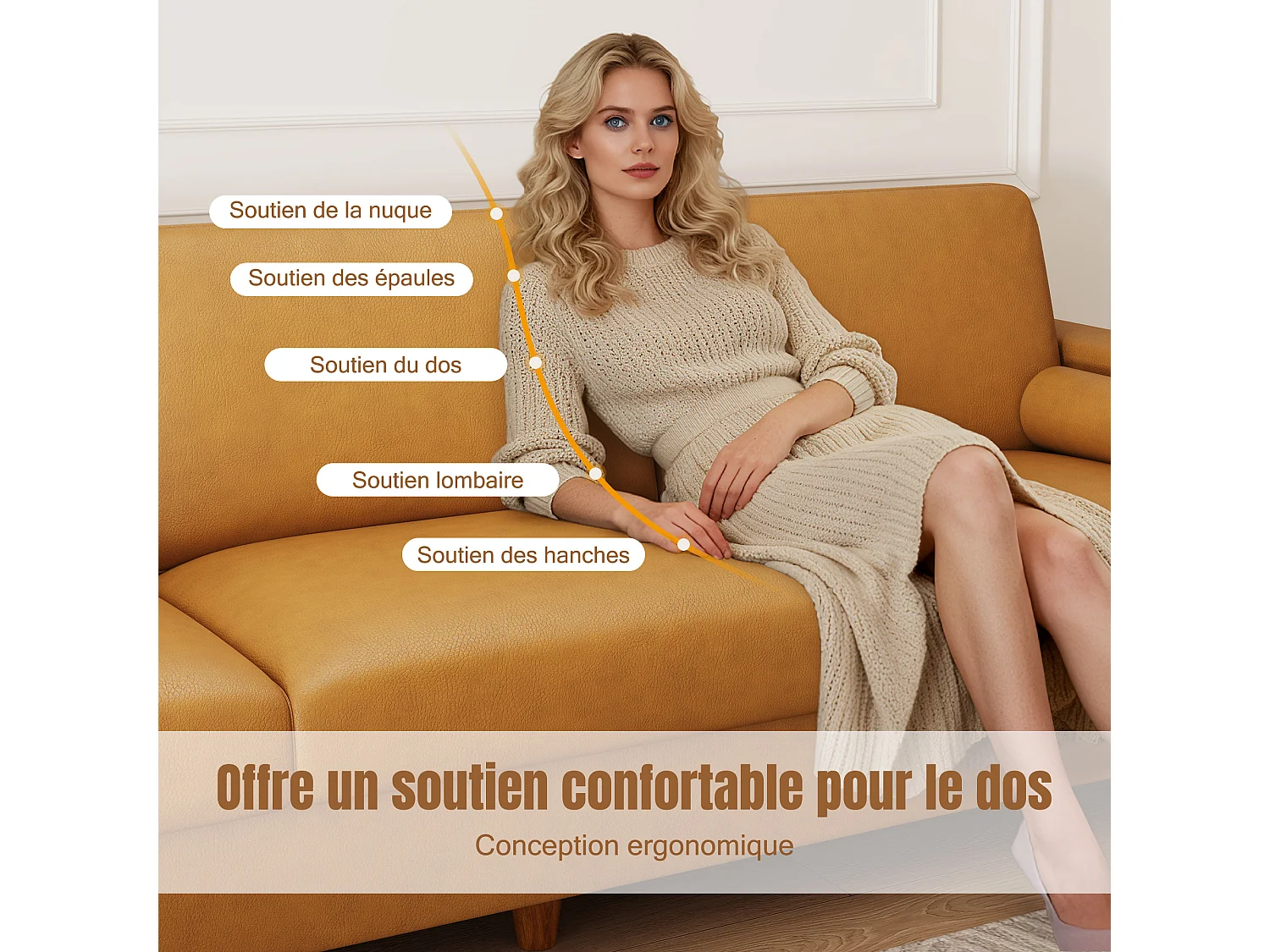 Canapé 3 places en simili, avec pouf et 2 oreillers rond, cadre en bois, 234x155x88cm, Orange