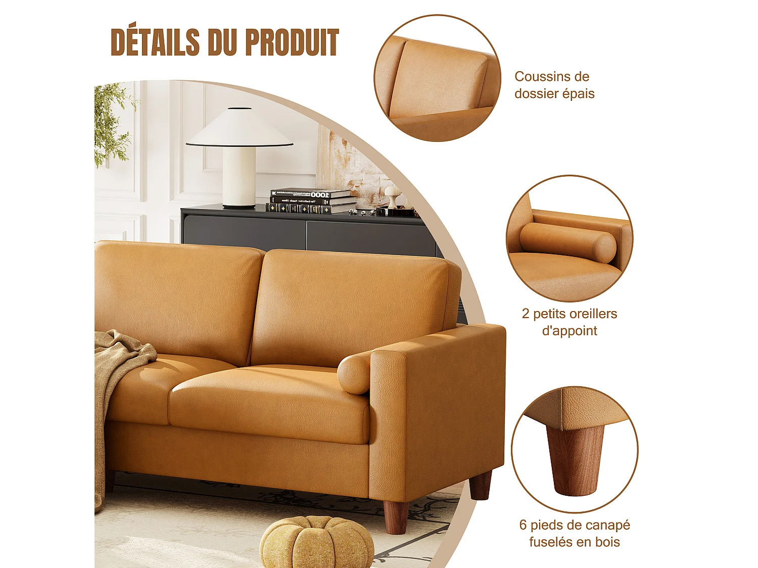 Canapé 3 places en simili, avec pouf et 2 oreillers rond, cadre en bois, 234x155x88cm, Orange