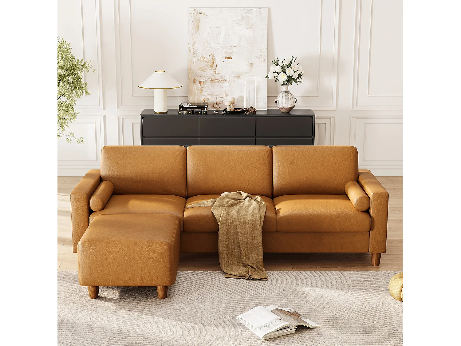 Canapé 3 places en simili, avec pouf et 2 oreillers rond, cadre en bois, 234x155x88cm, Orange