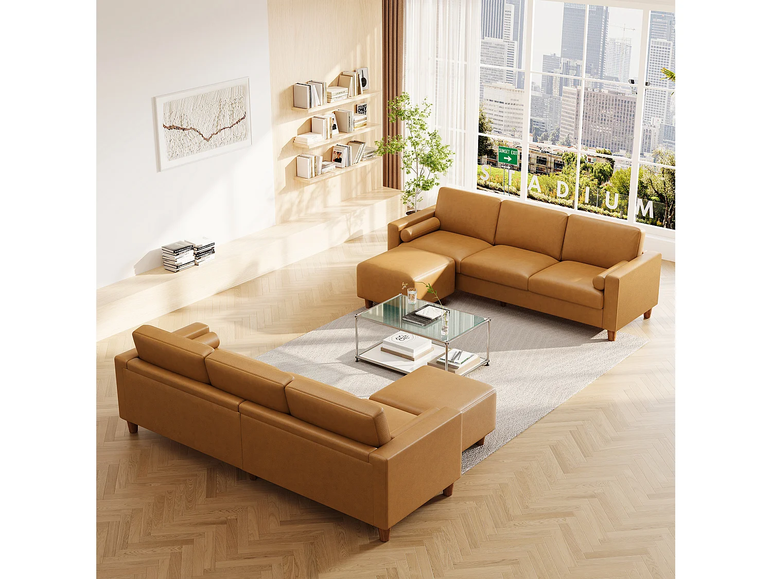 Canapé 3 places en simili, avec pouf et 2 oreillers rond, cadre en bois, 234x155x88cm, Orange