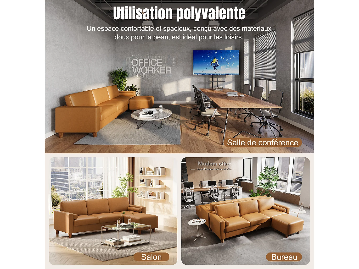 Canapé 3 places en simili, avec pouf et 2 oreillers rond, cadre en bois, 234x155x88cm, Orange