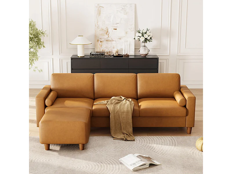 Canapé 3 places en simili, avec pouf et 2 oreillers rond, cadre en bois, 234x155x88cm, Orange