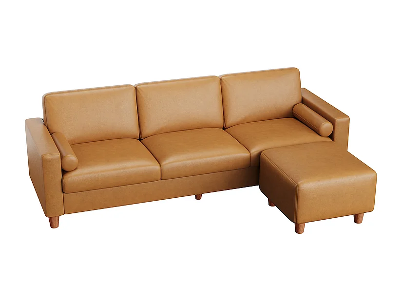 Canapé 3 places en simili, avec pouf et 2 oreillers rond, cadre en bois, 234x155x88cm, Orange
