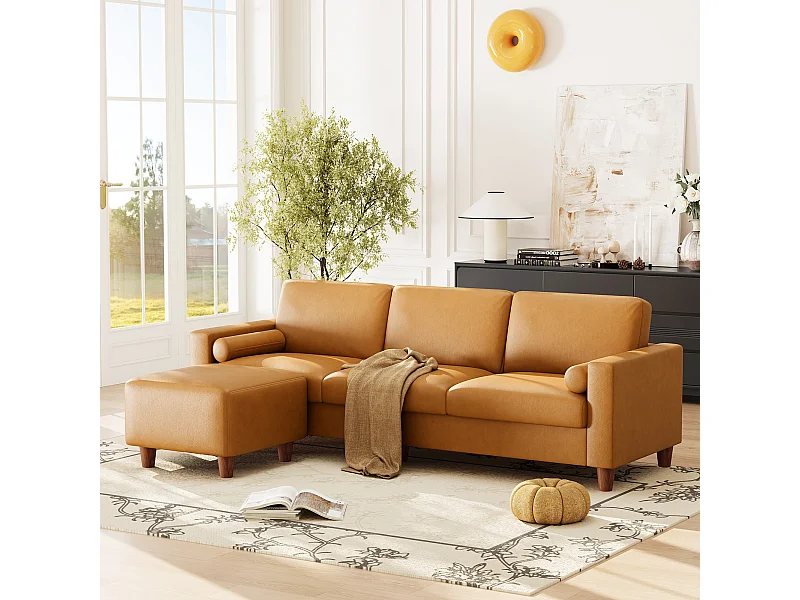 Divano 3 posti in similpelle, con pouf e 2 cuscini rotondi, struttura in legno, 234x155x88cm, Arancione