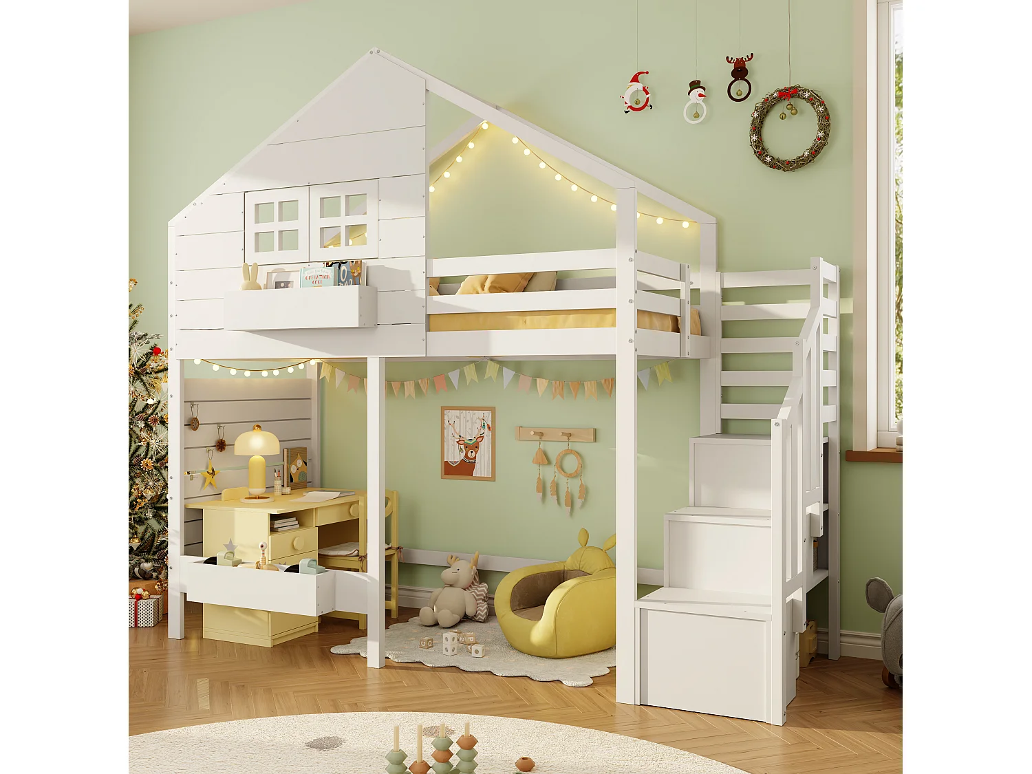 Lit mezzanine enfant 90x200cm - avec échelle de rangement - avec fenêtre - Bois massif + MDF - Blanc (sans matelas)