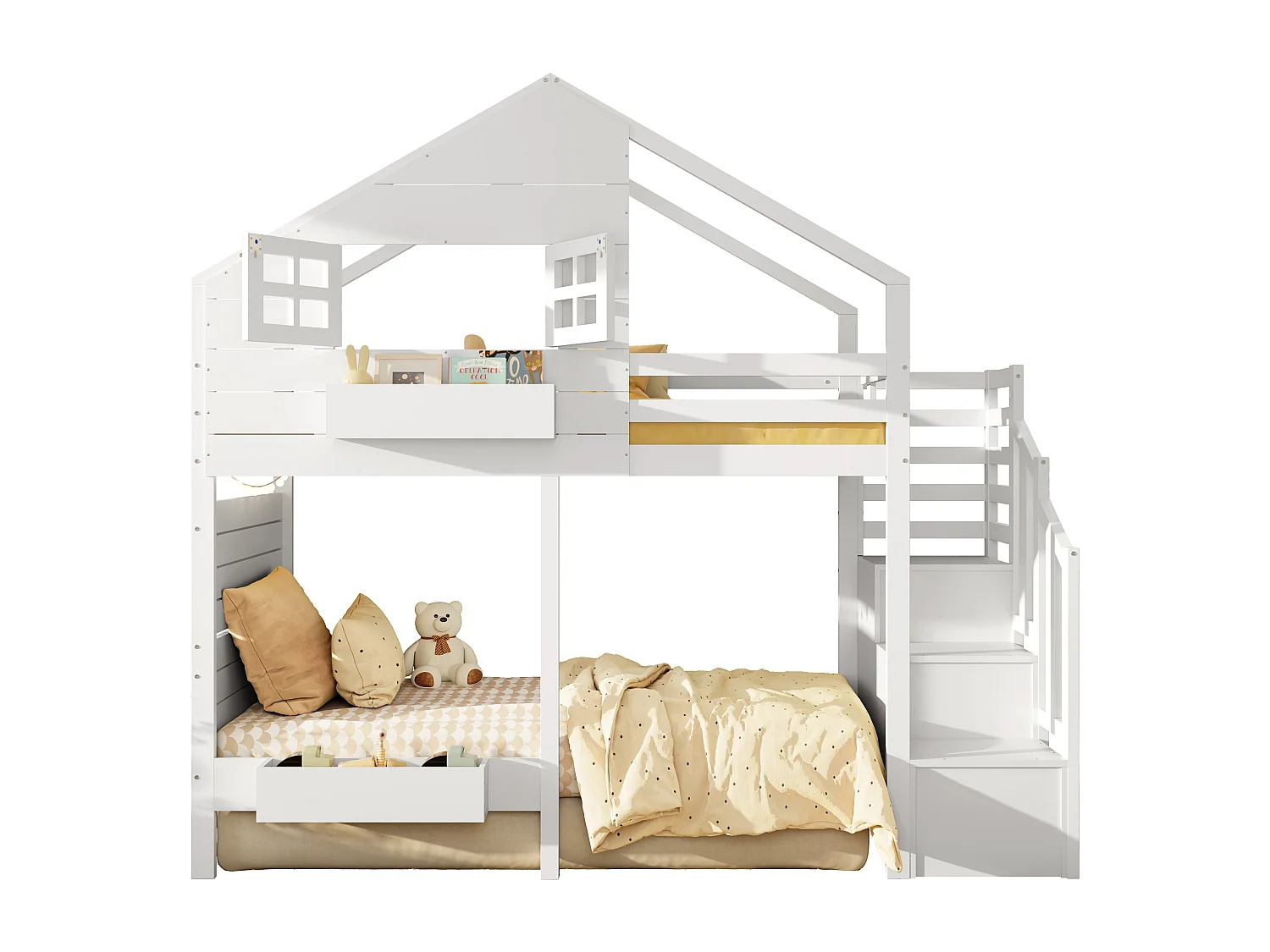 Lit mezzanine enfant 90x200cm - avec échelle de rangement - avec fenêtre - Bois massif + MDF - Blanc (sans matelas)