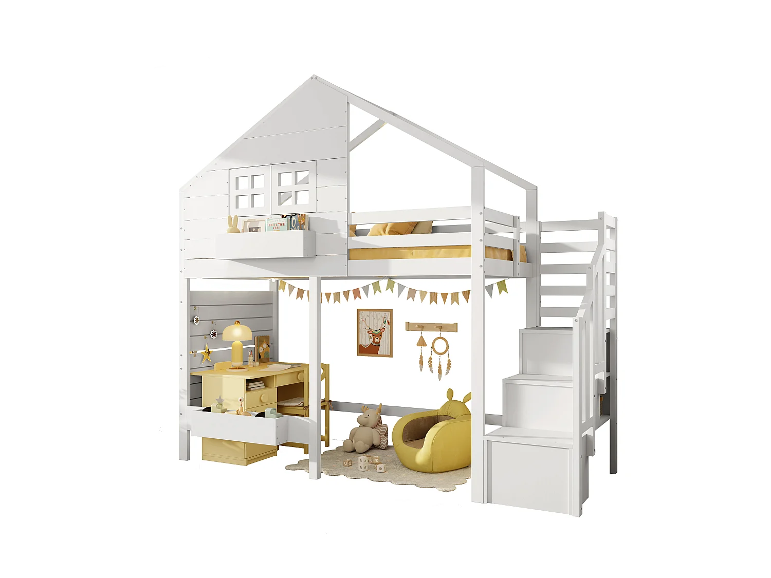 Lit mezzanine enfant 90x200cm - avec échelle de rangement - avec fenêtre - Bois massif + MDF - Blanc (sans matelas)