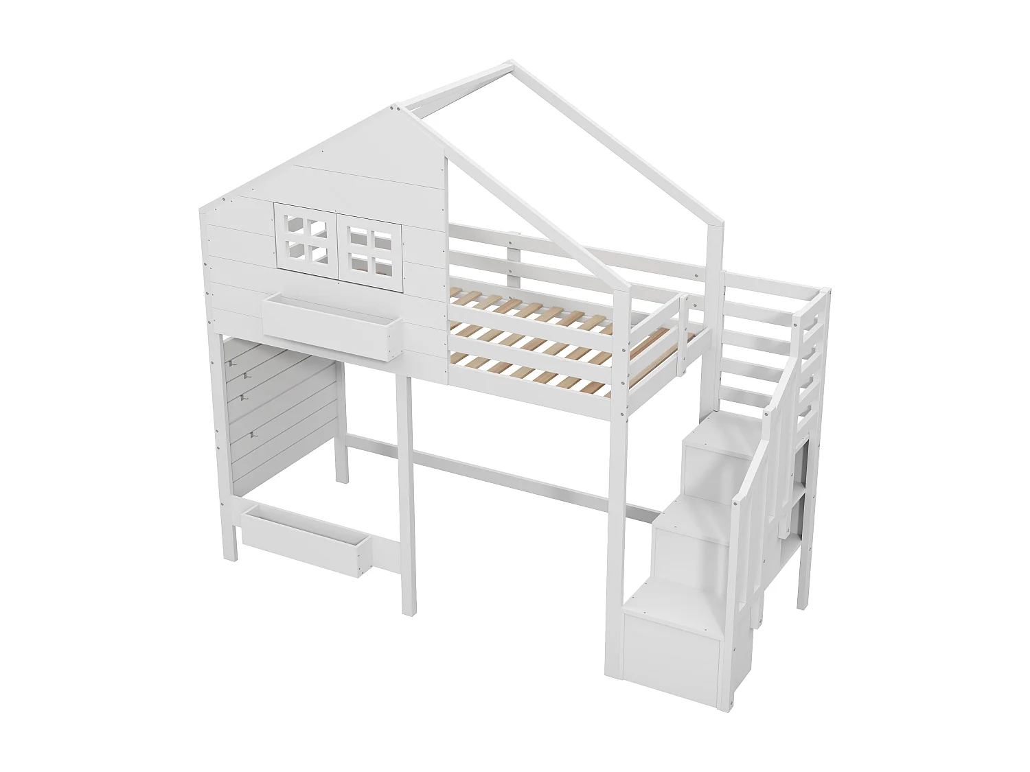 Lit mezzanine enfant 90x200cm - avec échelle de rangement - avec fenêtre - Bois massif + MDF - Blanc (sans matelas)