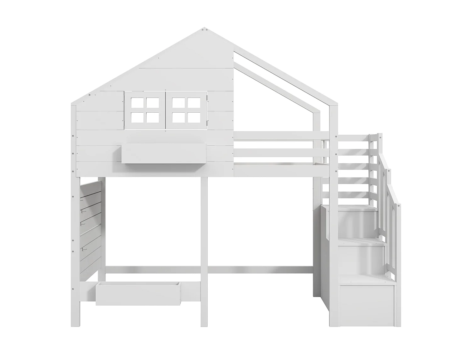Lit mezzanine enfant 90x200cm - avec échelle de rangement - avec fenêtre - Bois massif + MDF - Blanc (sans matelas)