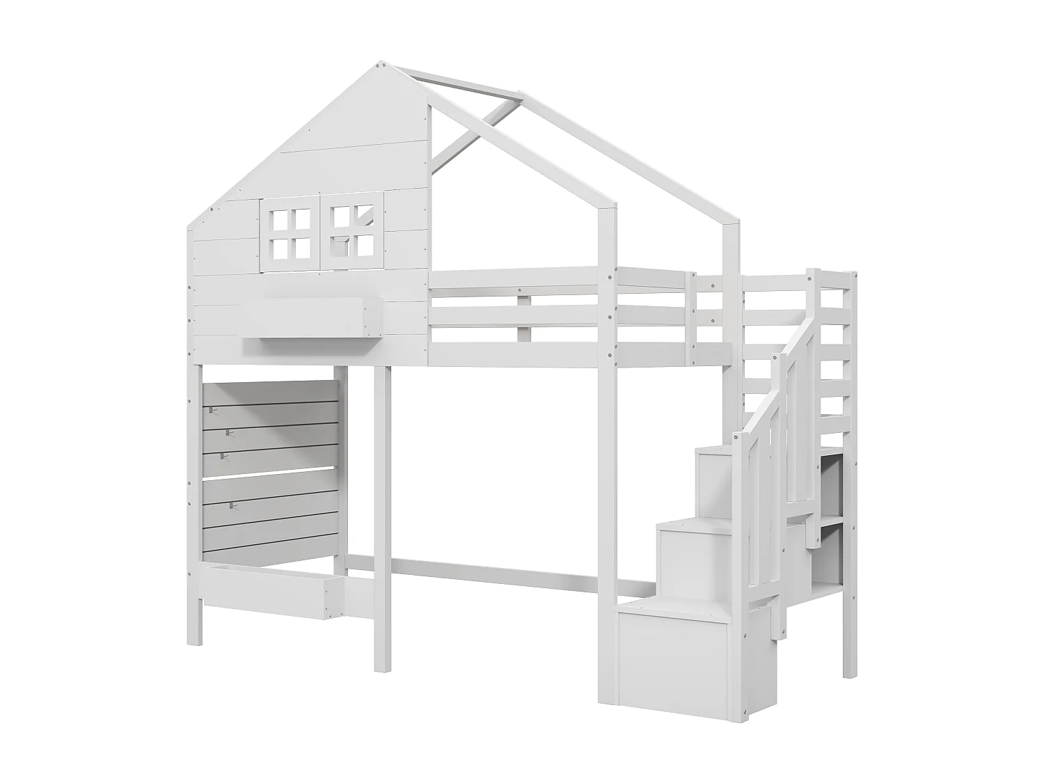 Lit mezzanine enfant 90x200cm - avec échelle de rangement - avec fenêtre - Bois massif + MDF - Blanc (sans matelas)