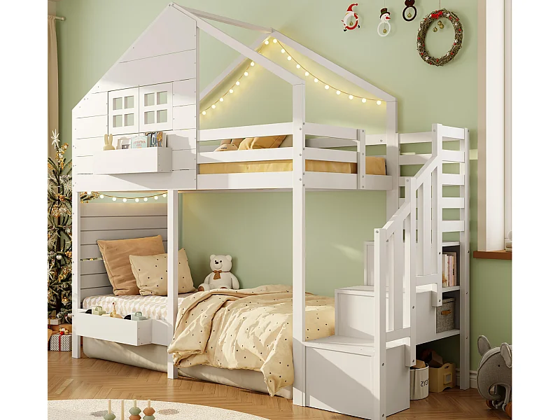 Lit mezzanine enfant 90x200cm - avec échelle de rangement - avec fenêtre - Bois massif + MDF - Blanc (sans matelas)