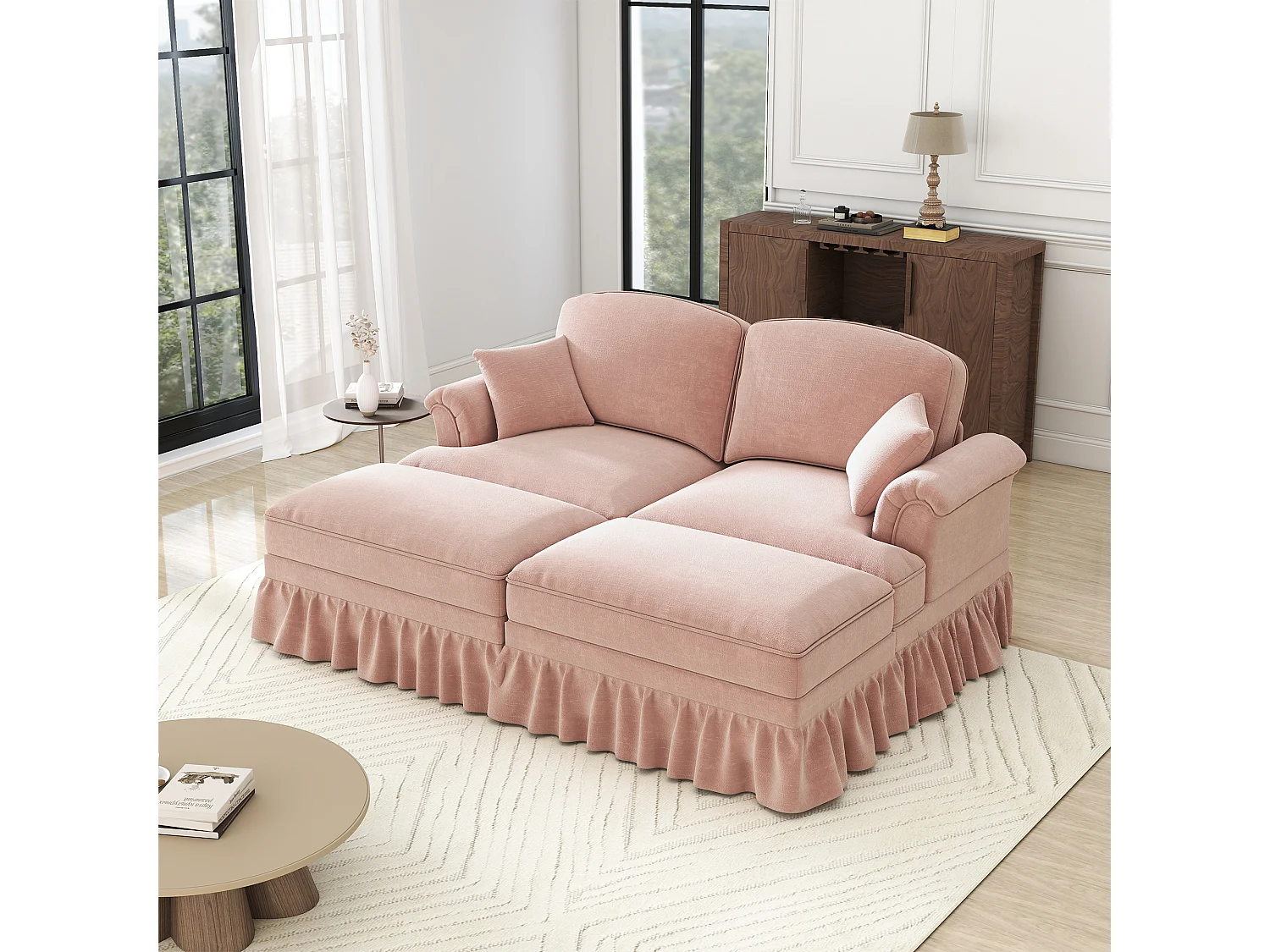 Canapé 2 places chesterfield en chenille rose - avec 2 pouf et 2 oreillers - cantonnière amovible - 194x140x93cm