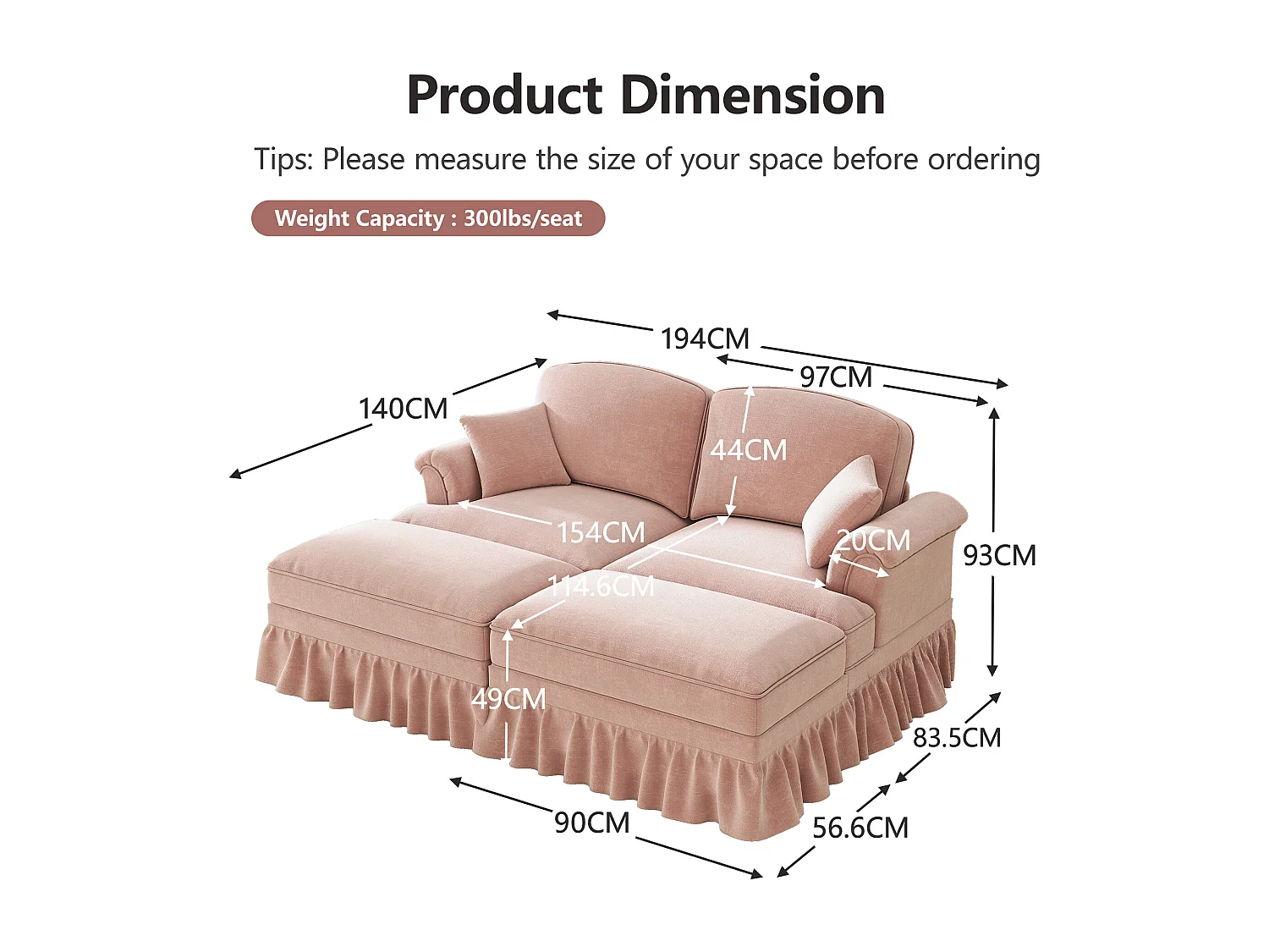 Canapé 2 places chesterfield en chenille rose - avec 2 pouf et 2 oreillers - cantonnière amovible - 194x140x93cm