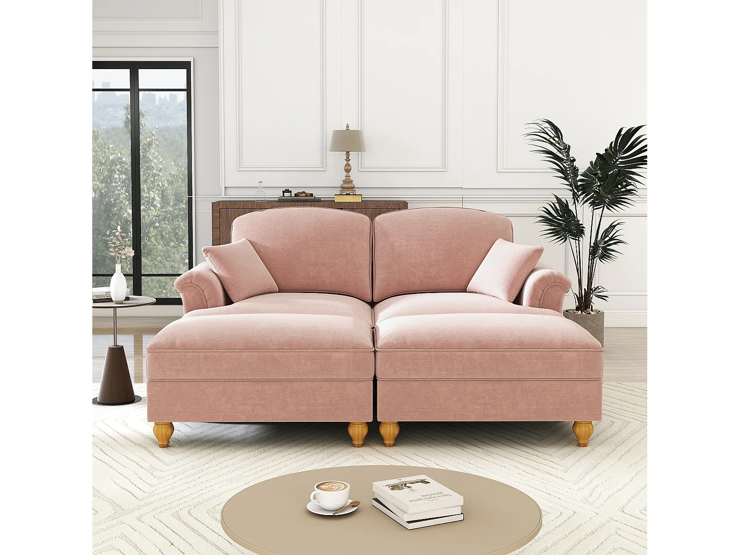 Canapé 2 places chesterfield en chenille rose - avec 2 pouf et 2 oreillers - cantonnière amovible - 194x140x93cm