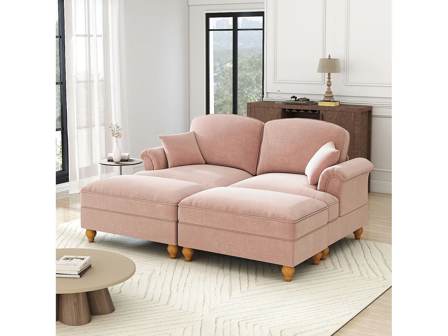 Canapé 2 places chesterfield en chenille rose - avec 2 pouf et 2 oreillers - cantonnière amovible - 194x140x93cm