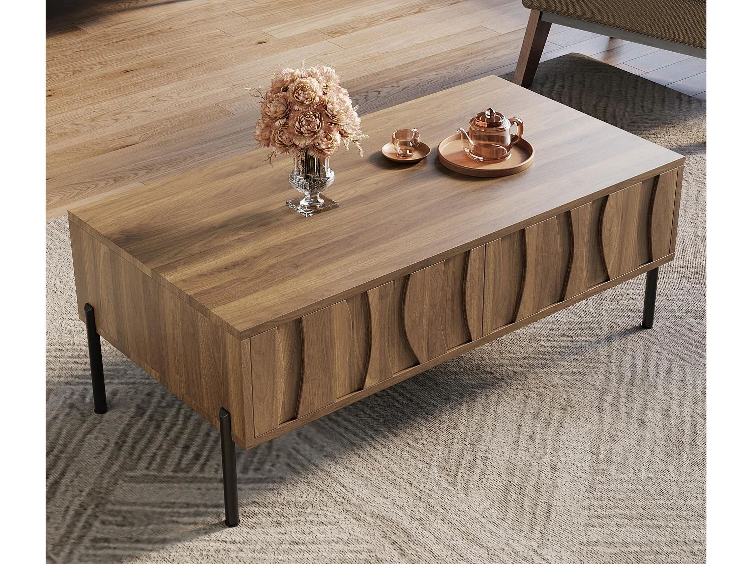 Couchtisch im Vintage-Stil 105x55x41 cm - mit 2 Schubladen - Holzstruktur - MDF - Natur