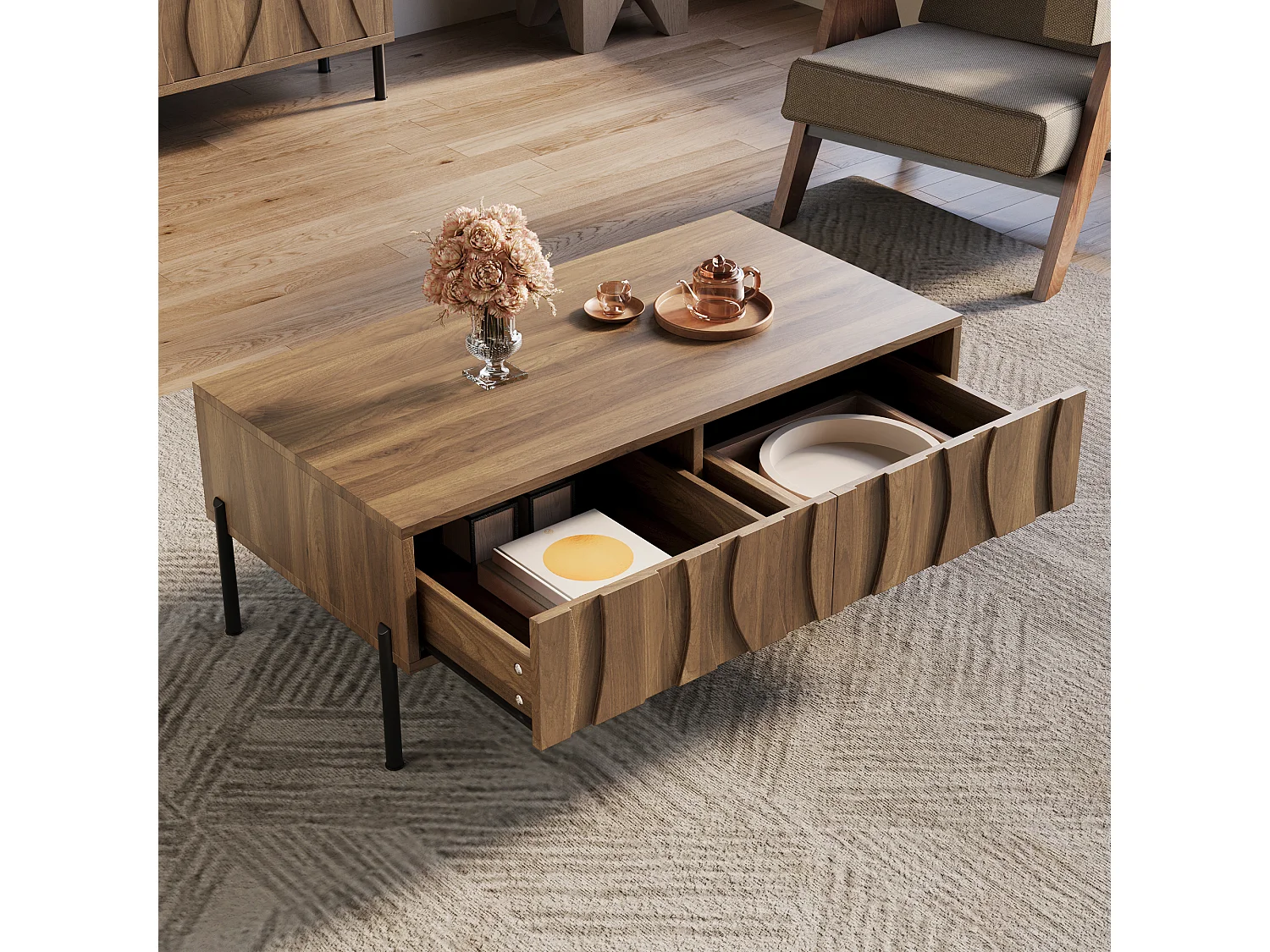 Couchtisch im Vintage-Stil 105x55x41 cm - mit 2 Schubladen - Holzstruktur - MDF - Natur