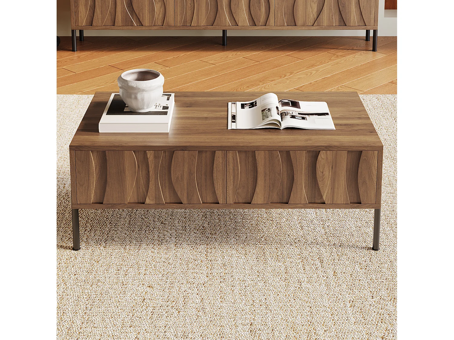 Couchtisch im Vintage-Stil 105x55x41 cm - mit 2 Schubladen - Holzstruktur - MDF - Natur