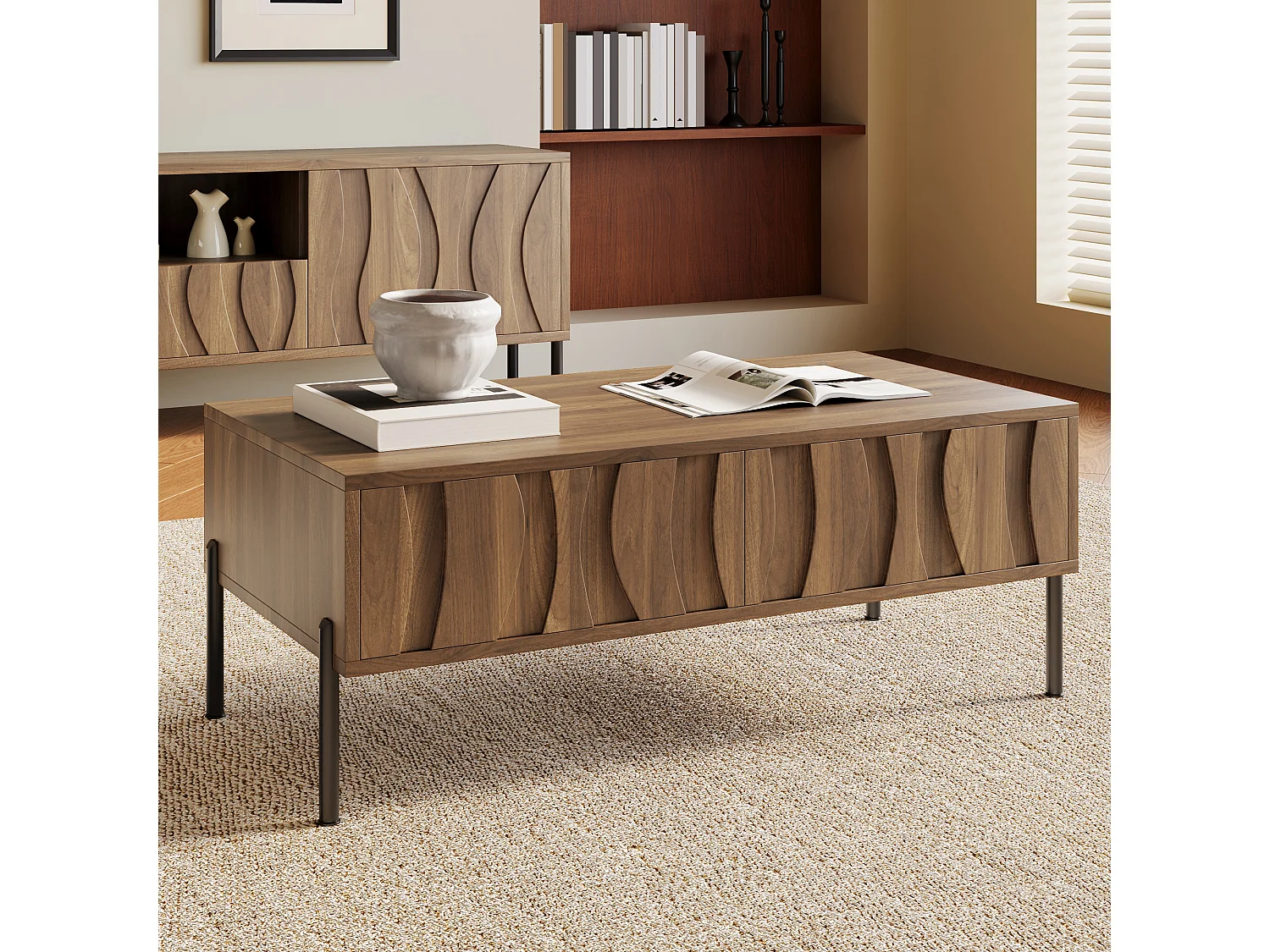 Couchtisch im Vintage-Stil 105x55x41 cm - mit 2 Schubladen - Holzstruktur - MDF - Natur