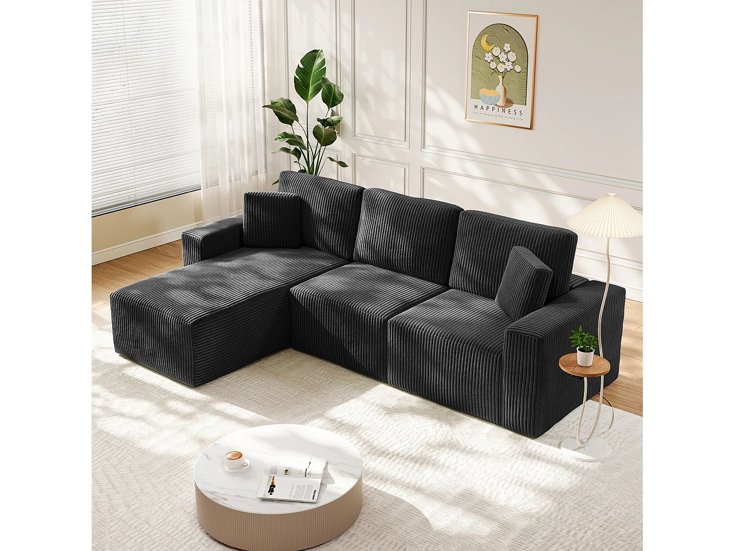 Modulaire hoekbank links 3-zits in ribfluweel, met 2 kussens, chaise longue 70x125cm, Zwart