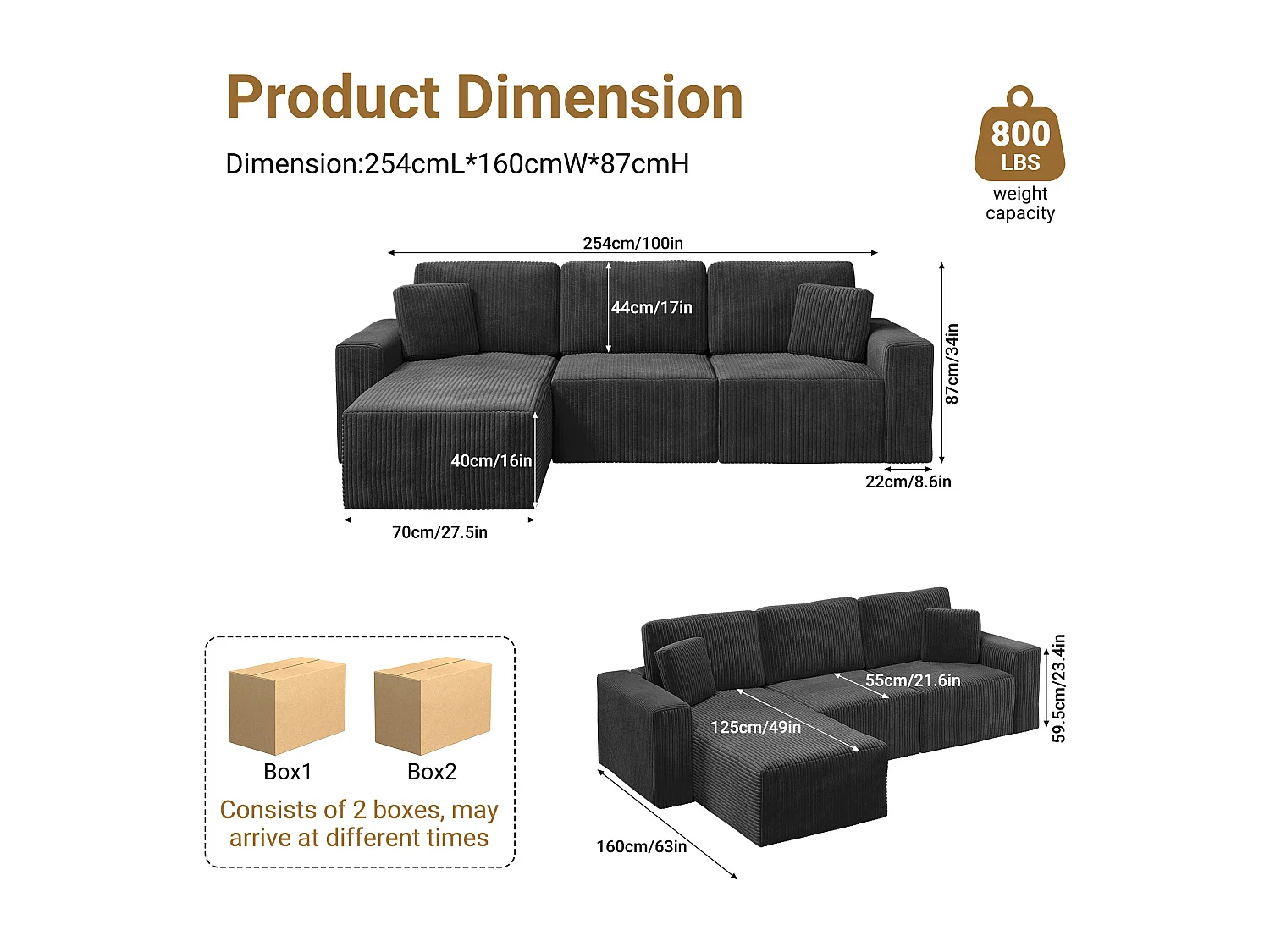 Modulaire hoekbank links 3-zits in ribfluweel, met 2 kussens, chaise longue 70x125cm, Zwart