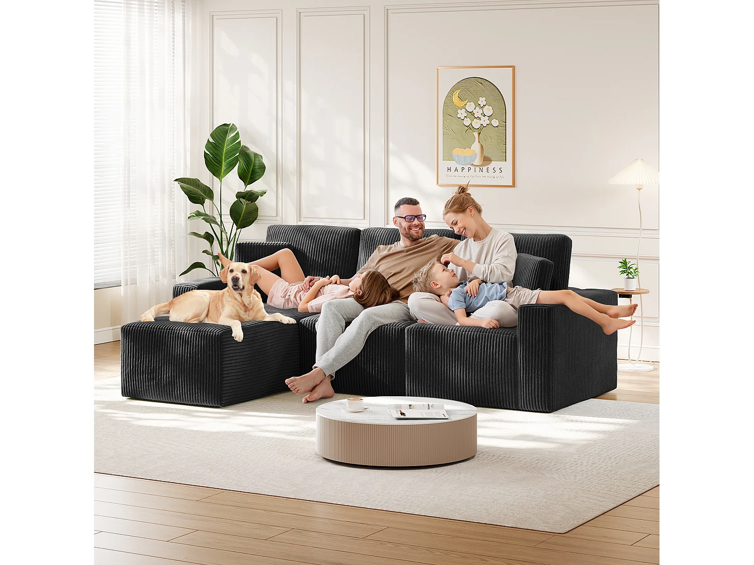 Modulaire hoekbank links 3-zits in ribfluweel, met 2 kussens, chaise longue 70x125cm, Zwart