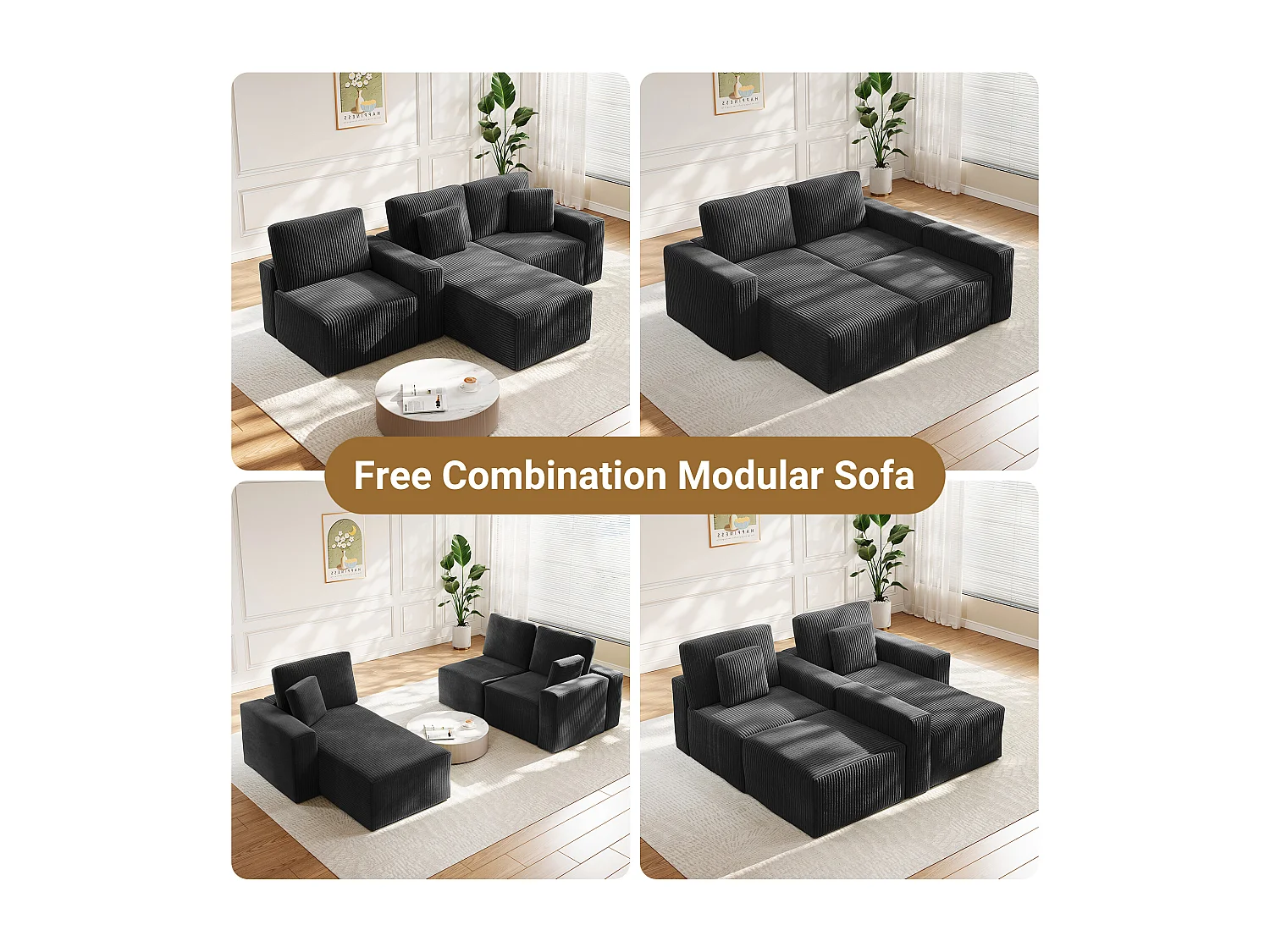 Modulaire hoekbank links 3-zits in ribfluweel, met 2 kussens, chaise longue 70x125cm, Zwart