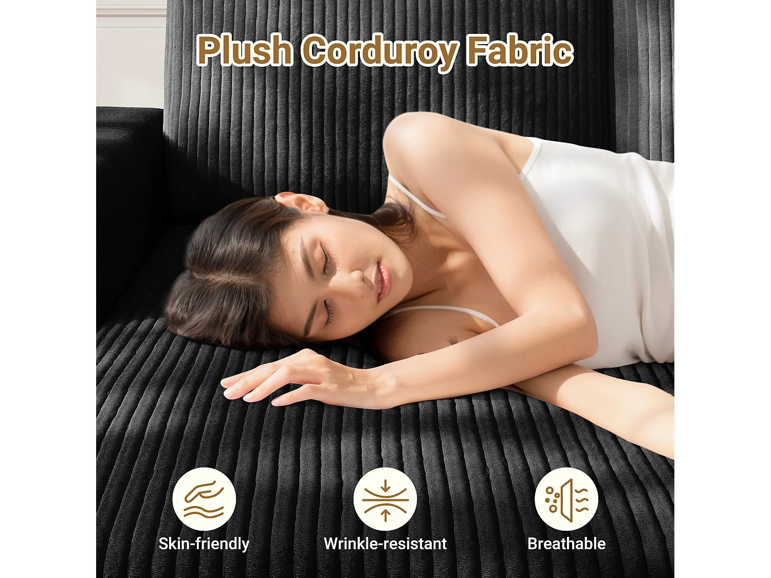 Modulaire hoekbank links 3-zits in ribfluweel, met 2 kussens, chaise longue 70x125cm, Zwart