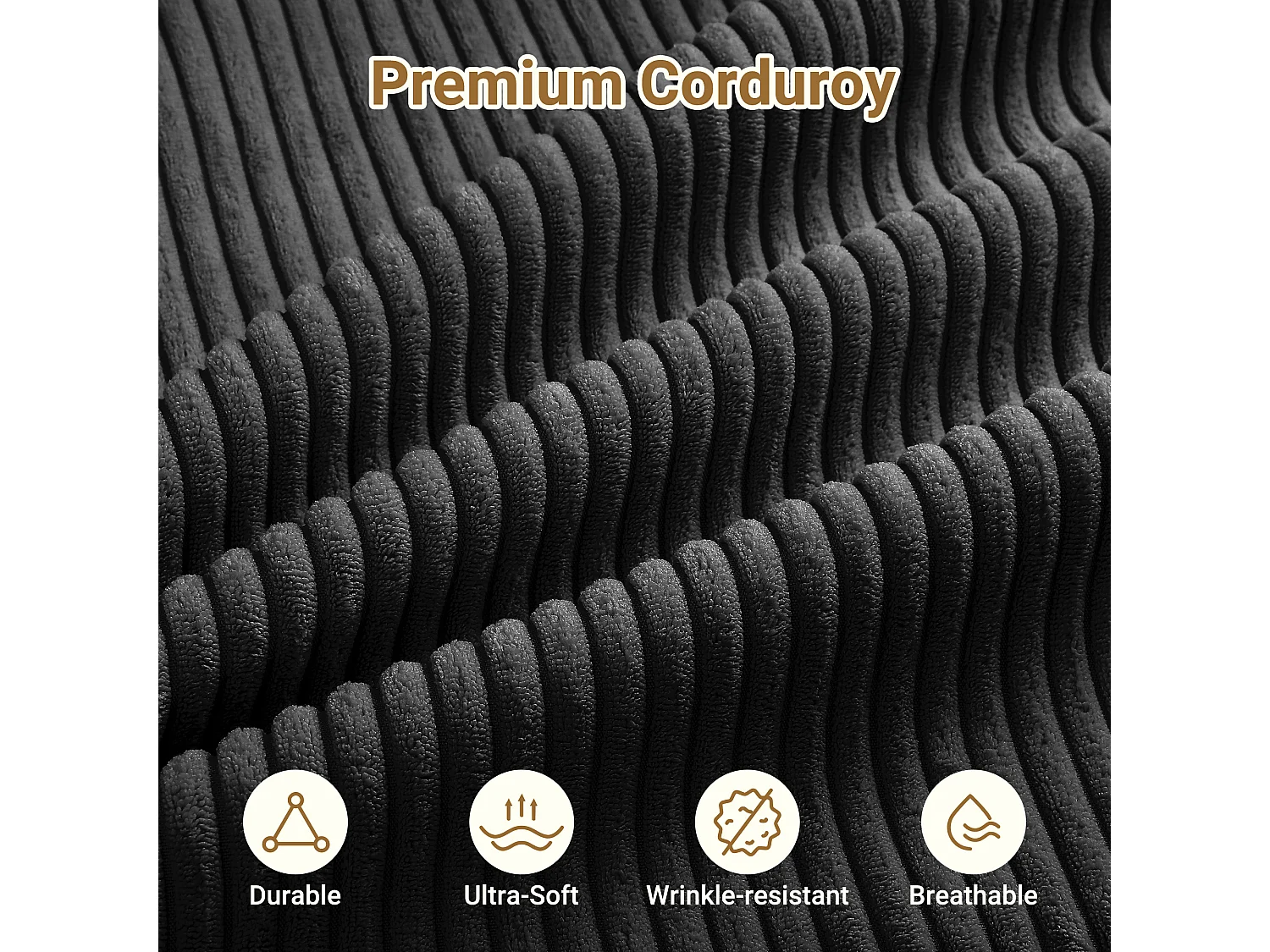 Modulaire hoekbank links 3-zits in ribfluweel, met 2 kussens, chaise longue 70x125cm, Zwart