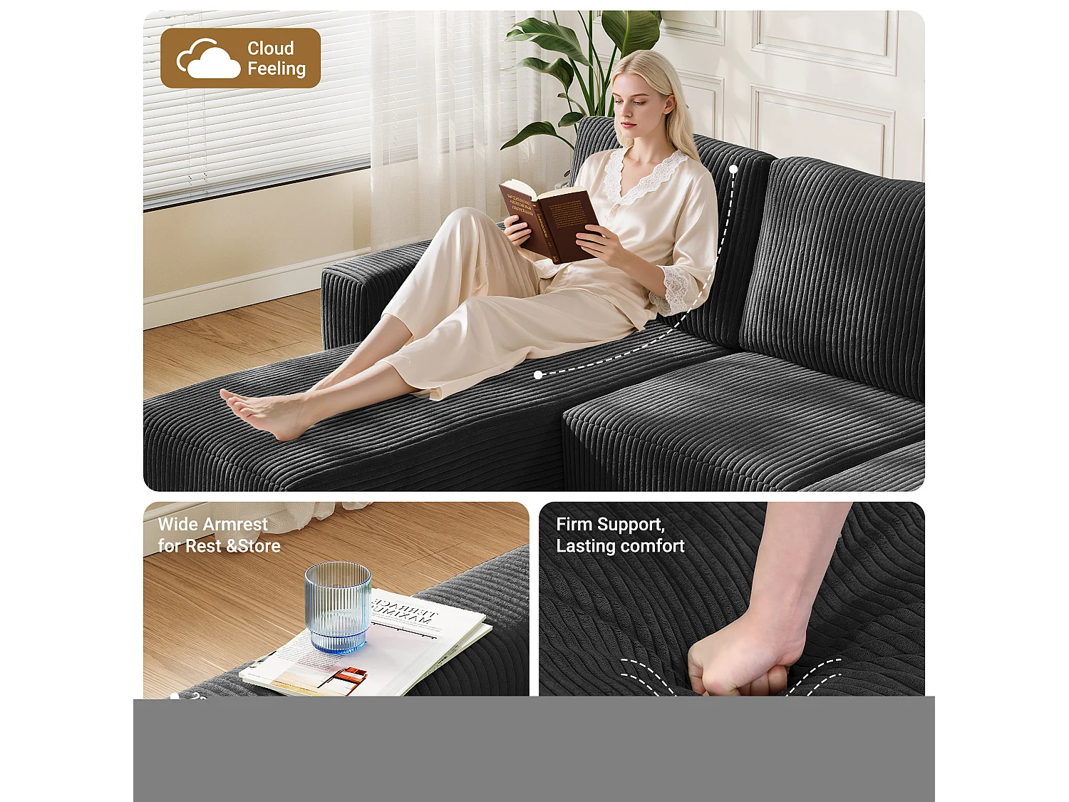 Modulaire hoekbank links 3-zits in ribfluweel, met 2 kussens, chaise longue 70x125cm, Zwart