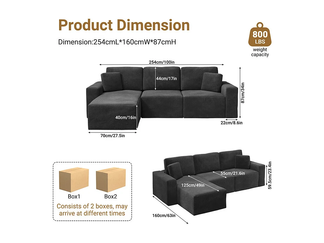 Canapé d'angle gauche modulable 3 places en velour côtelé, avec 2 oreillers, méridienne 70x125cm, Noir