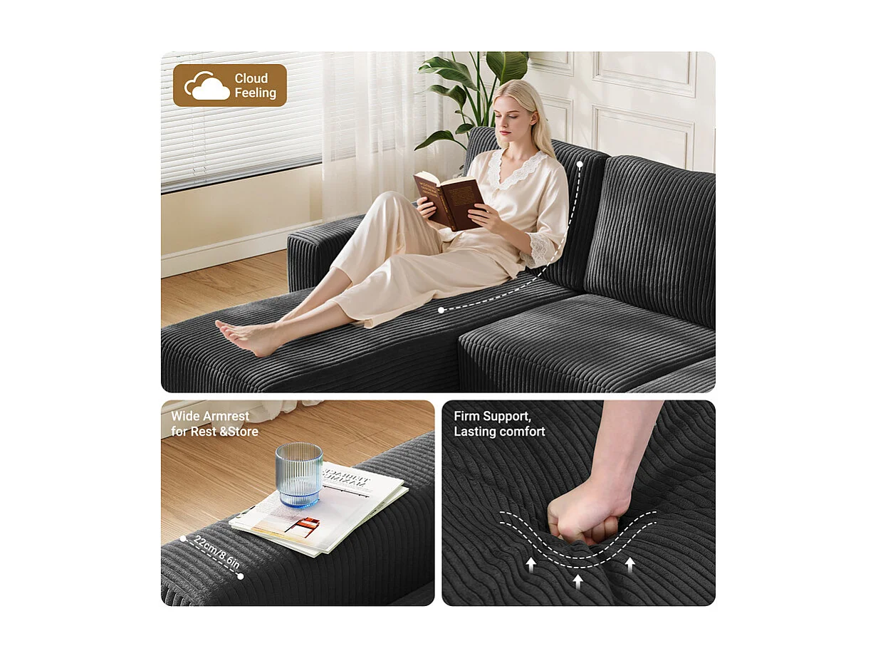 Canapé d'angle gauche modulable 3 places en velour côtelé, avec 2 oreillers, méridienne 70x125cm, Noir