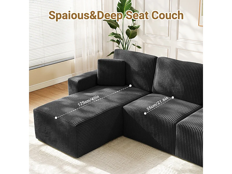 Canapé d'angle gauche modulable 3 places en velour côtelé, avec 2 oreillers, méridienne 70x125cm, Noir