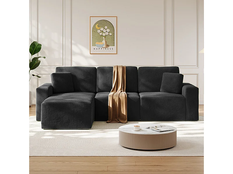 Canapé d'angle gauche modulable 3 places en velour côtelé, avec 2 oreillers, méridienne 70x125cm, Noir