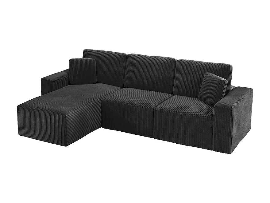 Canapé d'angle gauche modulable 3 places en velour côtelé, avec 2 oreillers, méridienne 70x125cm, Noir