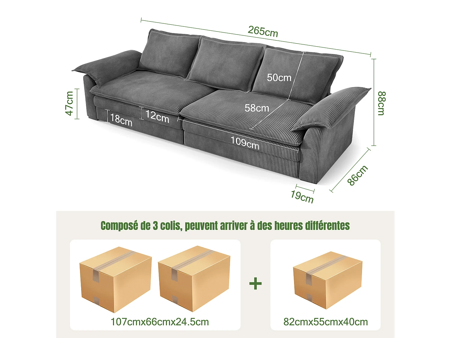 Sofá 3 lugares em veludo cotelê, com 2 almofadas de braço, removíveis e laváveis, 265x86x88cm, Bege