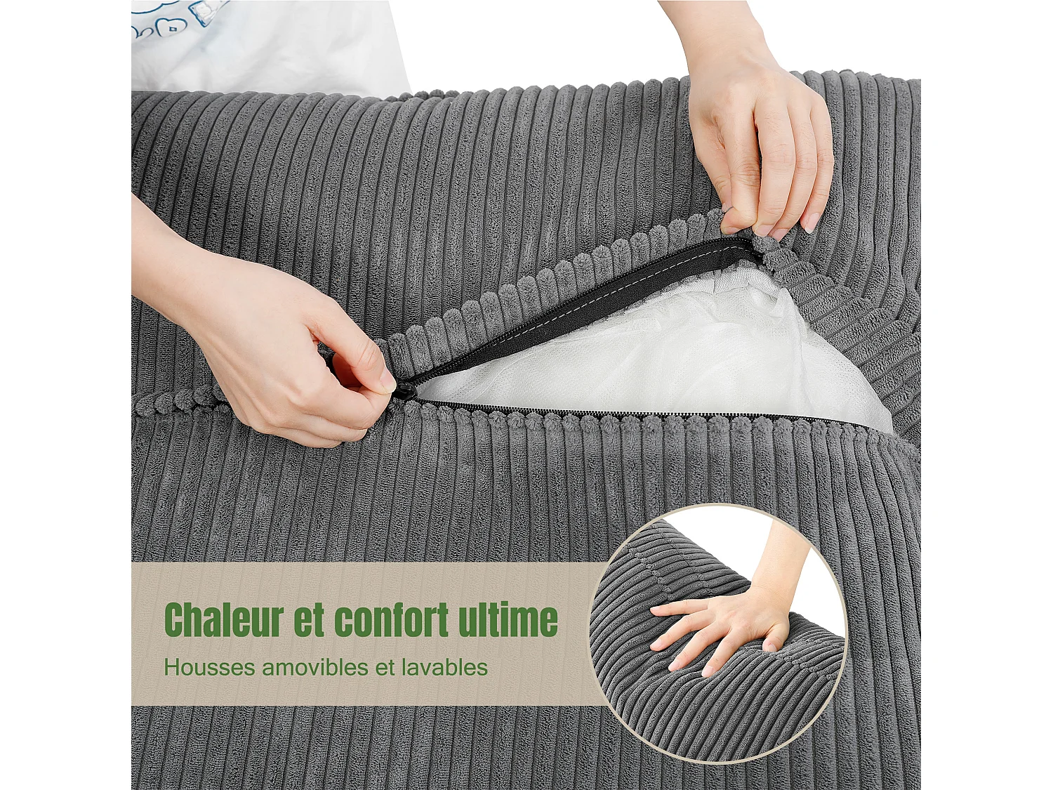 Sofá 3 lugares em veludo cotelê, com 2 almofadas de braço, removíveis e laváveis, 265x86x88cm, Bege