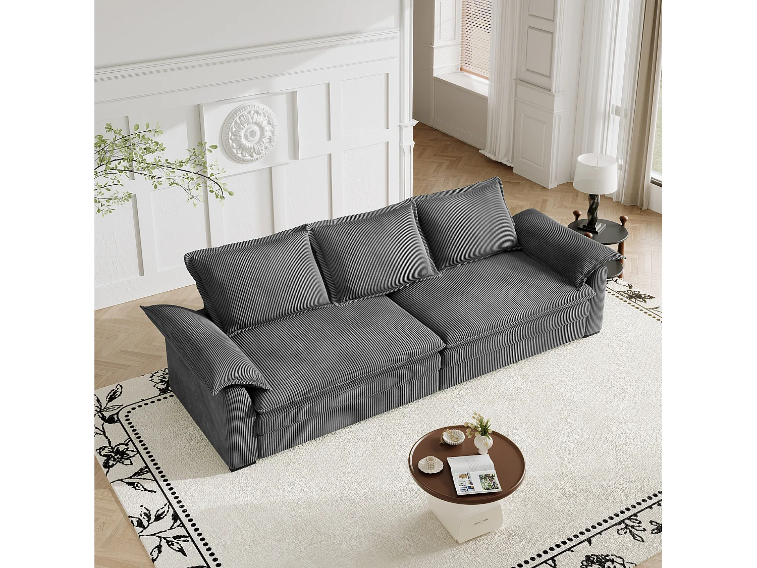 Sofá 3 lugares em veludo cotelê, com 2 almofadas de braço, removíveis e laváveis, 265x86x88cm, Bege