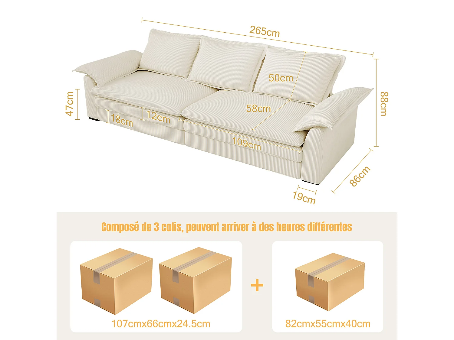 Sofa 3-sitzig in Rippvelours, mit 2 Armlehnkissen, abnehmbar und waschbar, 265x86x88cm, Beige