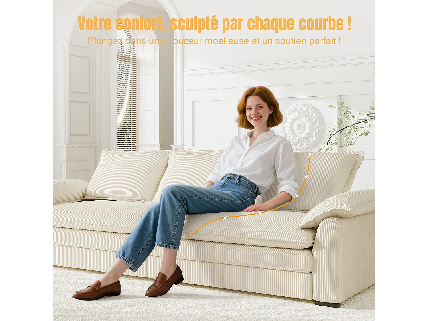 Sofa 3-sitzig in Rippvelours, mit 2 Armlehnkissen, abnehmbar und waschbar, 265x86x88cm, Beige