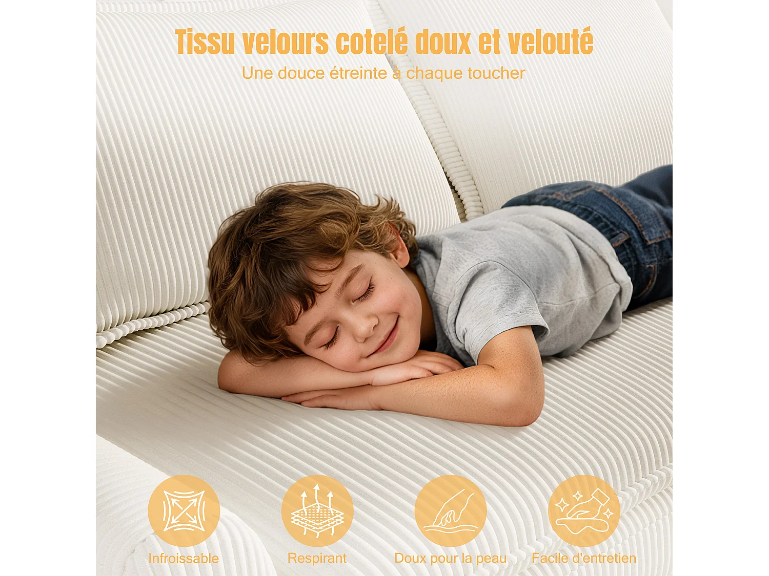 Sofa 3-sitzig in Rippvelours, mit 2 Armlehnkissen, abnehmbar und waschbar, 265x86x88cm, Beige