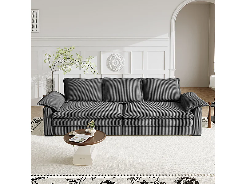 Divano 3 posti in velluto costola, con 2 cuscini bracciolo, rimovibili e lavabili, 265x86x88cm, Beige